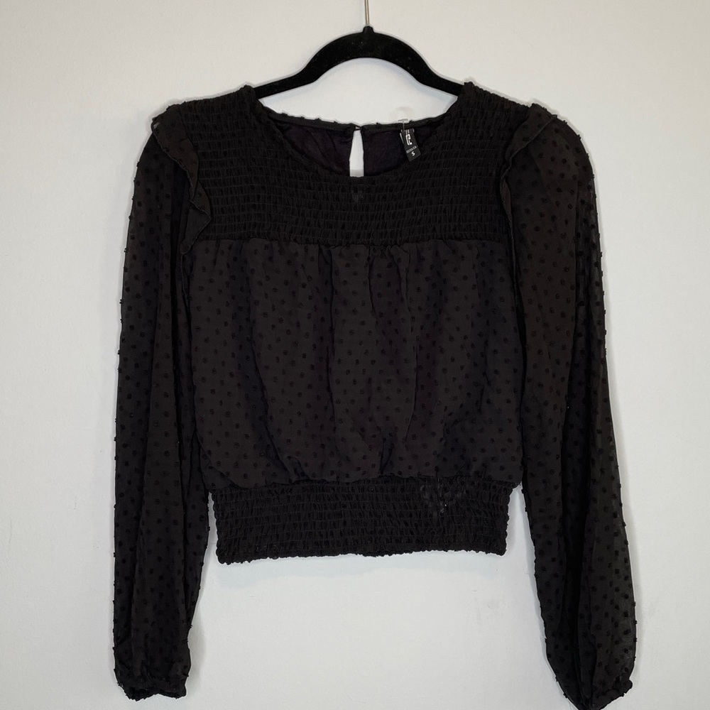 Ladies Black Textured Blouse with Sheer Sleeves Size S
